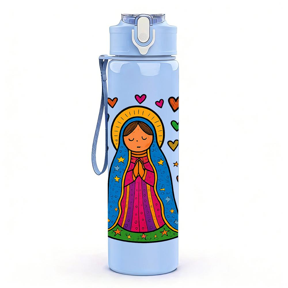 1PC Virgin Mary Heart Floral Frame 750ml Color Plastic Sports Water Bottle Leakproof Flip Straw Lid For Sports Office Home Use