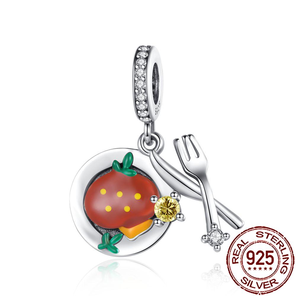 New Charms 925 Silver Fruit Food Goblet Hamburger Coffee Cup Beads Fit Bracelet Necklace DIY Jewelry
