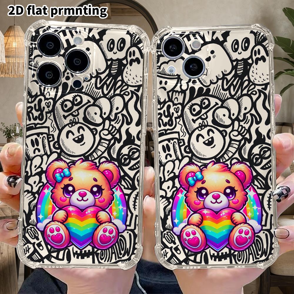 Phone Case: 2D flat suitable for iPhone 18 17 16 15 14 13 Pro, transparent corner protection case, rainbow heart bear, Christmas and Halloween gifts