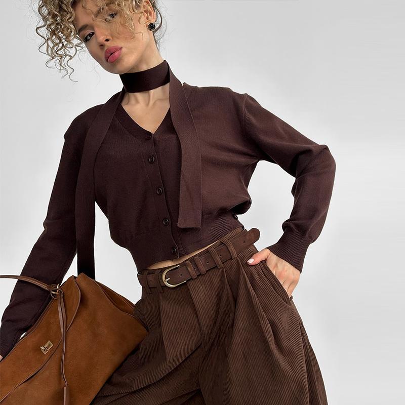 Вязаные кардиганы с V-образным вырезом, женские шикарные однобортные свободные элегантные однотонные свитера для женщин 2025 года, повседневные топы с длинным рукавом для женщин