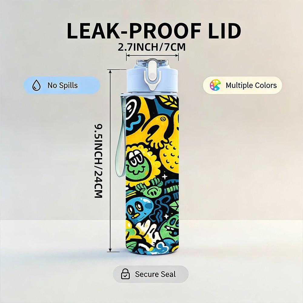 1PC Vivid Color Cartoon Graffiti Print 750ml Color Plastic Sports Water Bottle Leakproof Flip Straw Lid Suitable for Sports Office Home Use