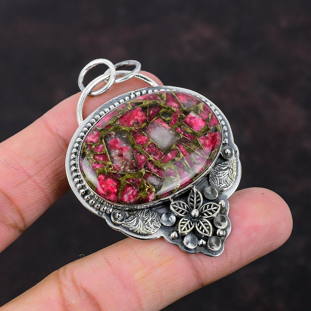 Медный кулон из тулита, ювелирные изделия ручной работы, высококачественный кулон с драгоценным камнем, стерлинговое серебро 925 пробы, кулон с цветком, кулон в стиле бохо, ювелирные изделия для подарка