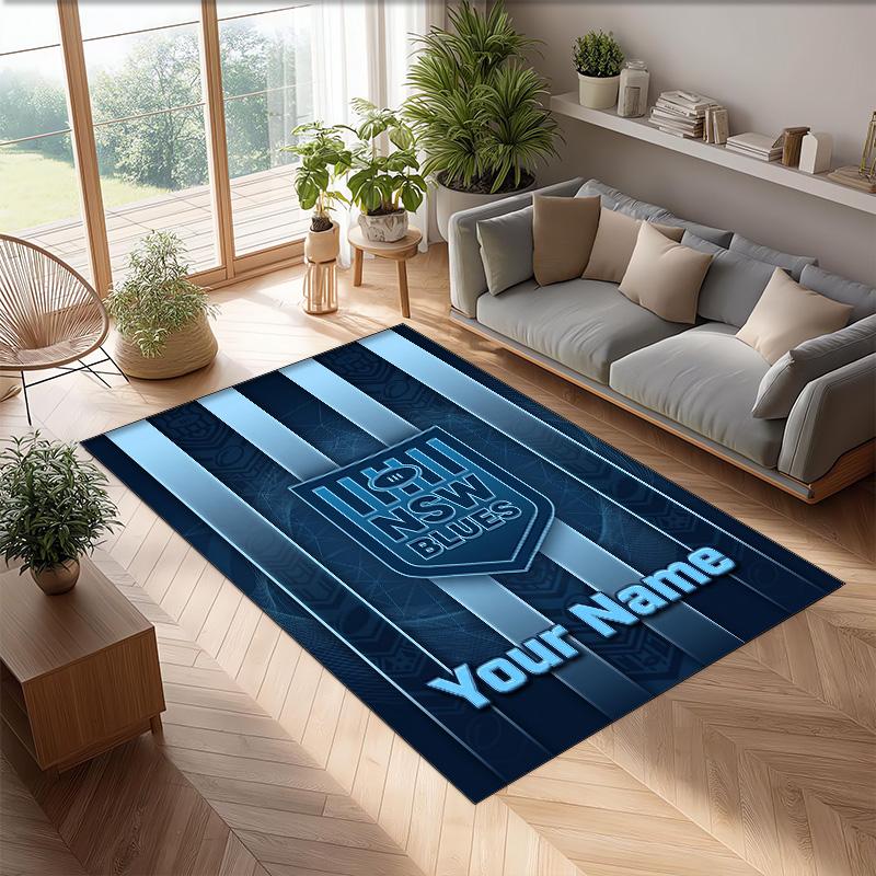 NSW Blues logo Crystal Velvet Rug, Custom Name Text Personalized Non‑Slip Floor Mat for Home Decor Gift