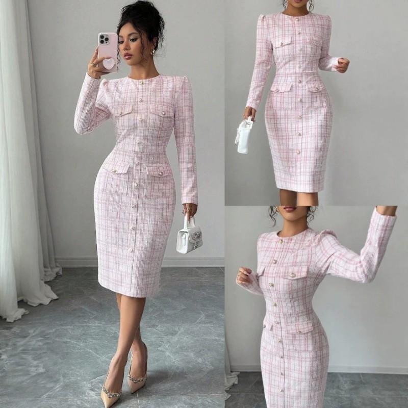 2026 Womens Pink Slim Fit Elegant Dress Square Neck Long Sleeve A Line Mini