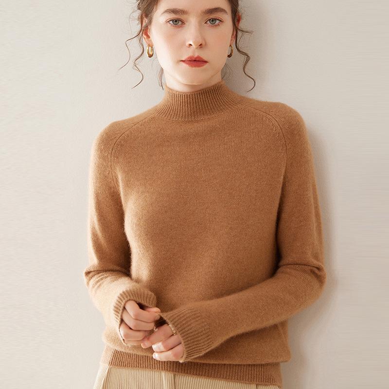 Women's 100% Pure Cashmere Soft Knit Sweater, Half-High Neck, Loose, Skin-Friendly, Slimming Base Layer