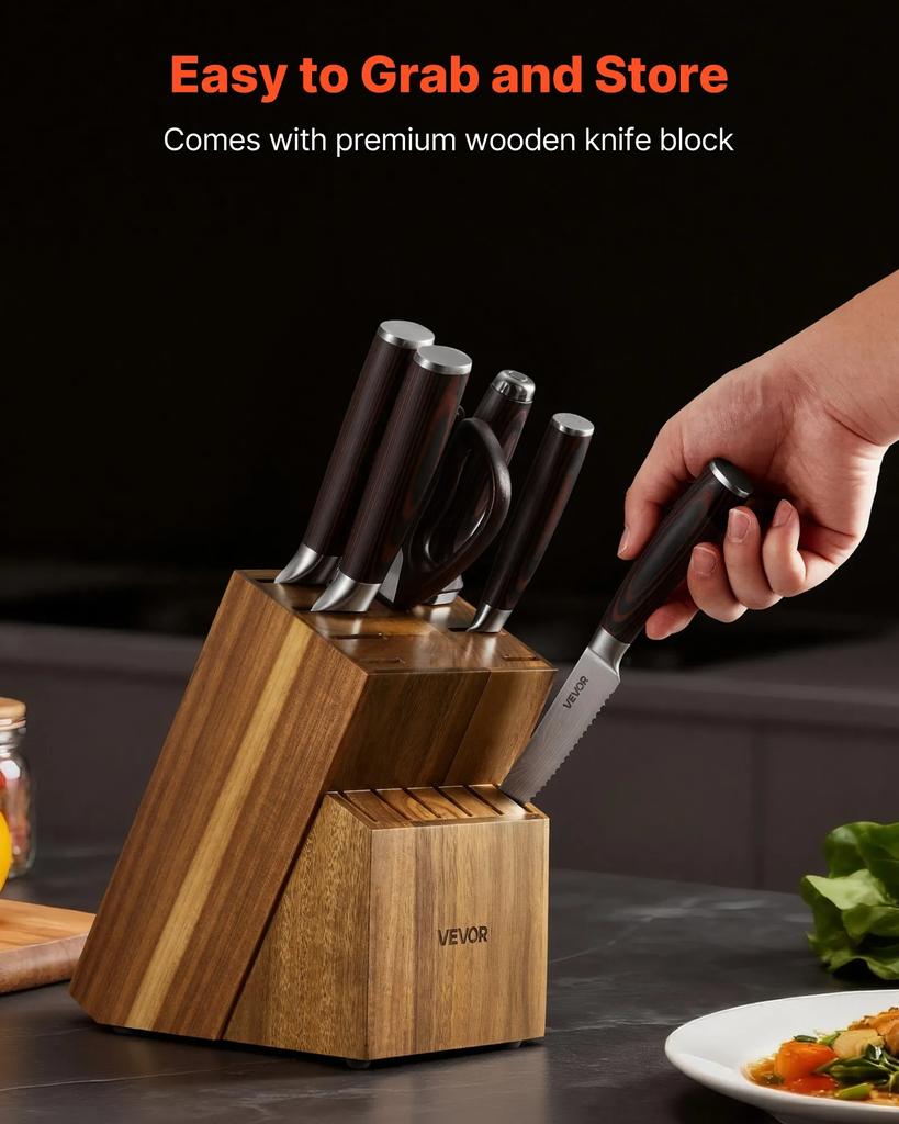 VEVOR Kitchen Knife Set with Block and Sharpener, 15 Piece High Carbon Stainless Steel Knife Set