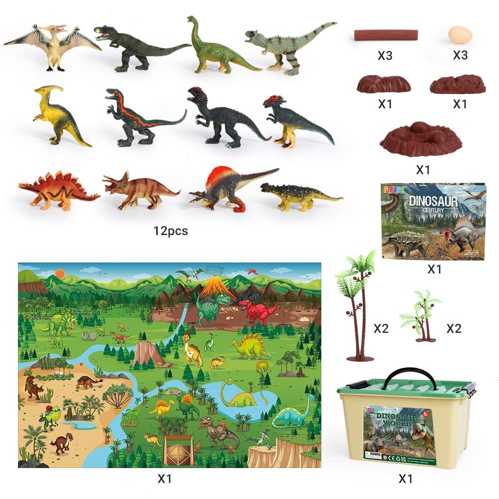 Dinosaur Toys 12 PCs Realistic Dinosaur Figures Figure Toy Storage Box with Jumbo Play Mat Information Dinosaur Book Educational Dinosaur Figure Play