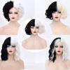 Новый парик для косплея CRUELLA De Vil, полубелый, наполовину черный, синтетические короткие волнистые парики с челкой для женщин, термостойкие натуральные волосы