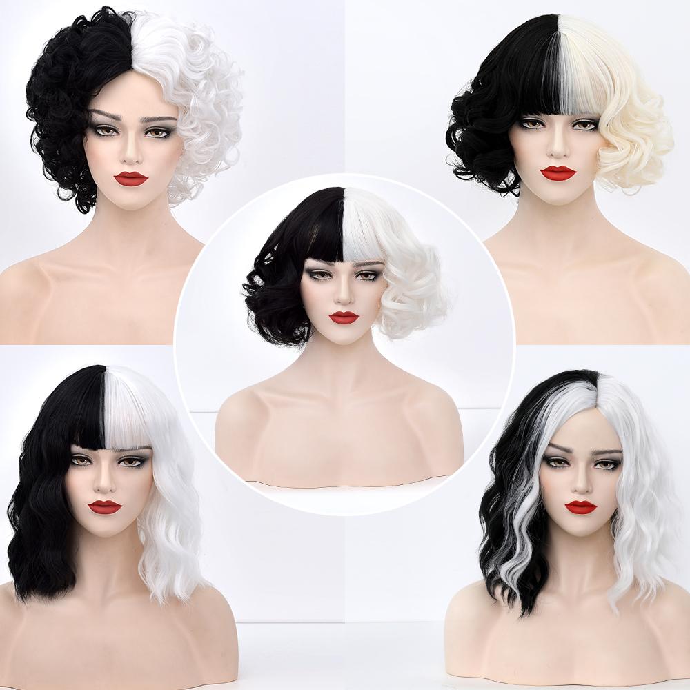 Новый парик для косплея CRUELLA De Vil, полубелый, наполовину черный, синтетические короткие волнистые парики с челкой для женщин, термостойкие натуральные волосы