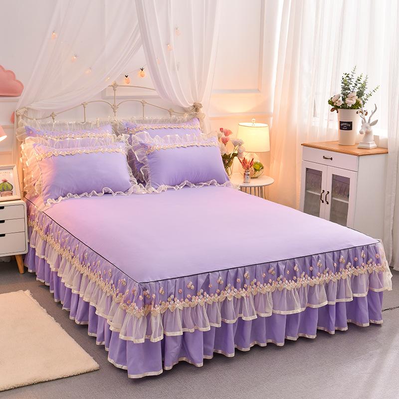 3 шт. Постельные принадлежности Юбка-кровать Наволочка Кружевная юбка-кровать Четыре сезона Благоприятное для кожи кружевное нескользящее покрывало в стиле принцессы Защитный чехол для матраса