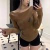 Autumn New See Through Sexy Knitted Sweater Women Fashion Long Sleeve Slim Fit Off Shoulder Pullover Knitwears Tops Round Neck Elegant Jumpers 24824