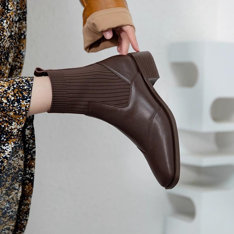 Челси женские короткие ботильоны на высоком каблуке весенне-осенние одинарные ботинки 2025 новые эластичные ботинки Мартина толстый каблук кожаные тонкие ботинки-носки