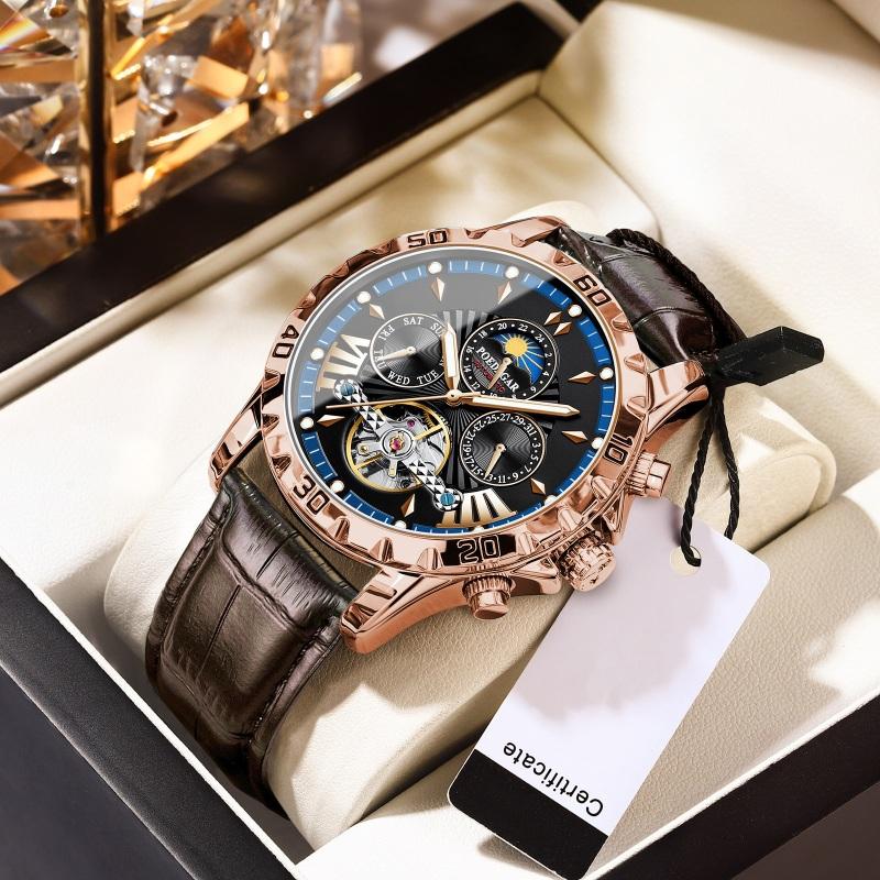 New Design Style Imported Self-winding Mechanical Watch Men's Charm and Dominance with Sun and Moon Phase Skeleton Flywheel Leather Watches
