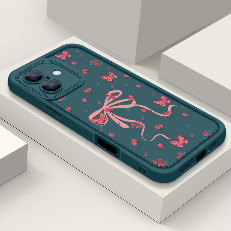 Матовый чехол TPU с цветочным принтом и бантом для iPhone 16 Pro Max 15 Pro 14 13 12 11 XS XR, защита линз, противоударный мягкий силиконовый чехол для телефона