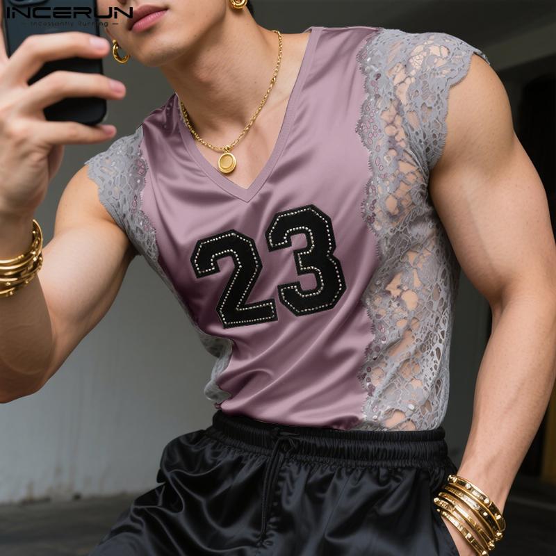 INCERUN Мужские майки без рукавов с V-образным вырезом, кружевной отделкой и буквенной вставкой в стиле пэчворк, повседневные