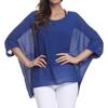 Blue Floral Chiffon Tunics Blouses for Women Batwing Summer Boho Shirts Beach Cover Ups