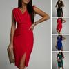 Women High Waist Draped Midi Dress V-neck Sleeveless Pleated Side Split Hem Solid Color Bodycon Gown Dress