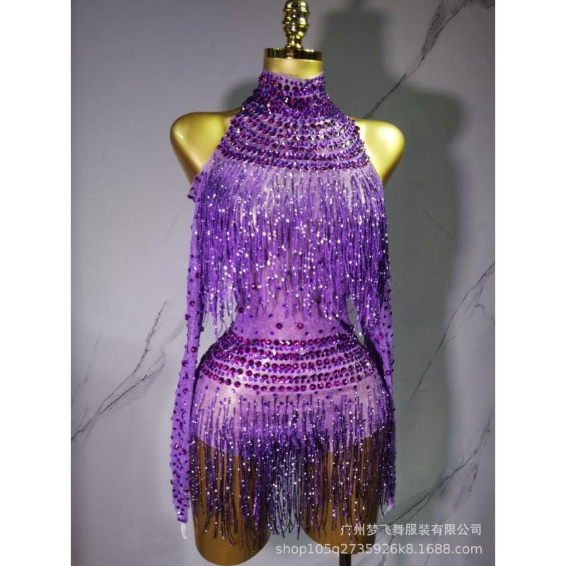 Mesh Halter Long Sleeve Rhinestone Fringe Jumpsuit Sexy Stage Outfit Female Singers Nightclub