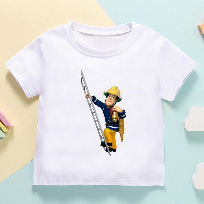 Fireman Sam Print Cartoon Cute Kids T shirt Girls Summer Tops Casual Baby Boys Clothes Children Short Sleeve O-Neck