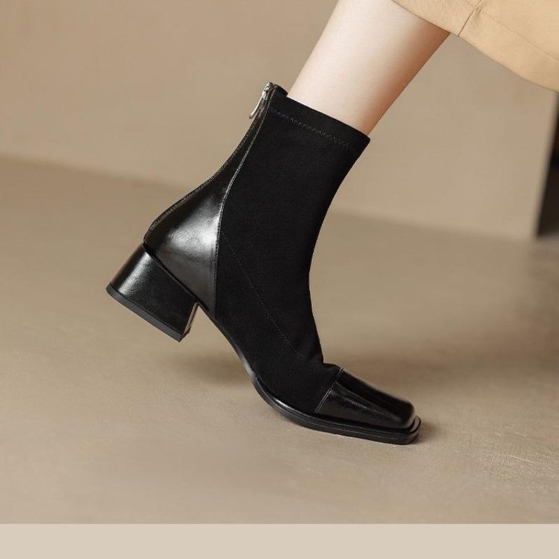 Модные женские туфли с квадратным носком и толстым каблуком, короткие сапоги, новые осенне-зимние лаконичные эластичные узкие туфли на высоком каблуке Zapatos De Mujer
