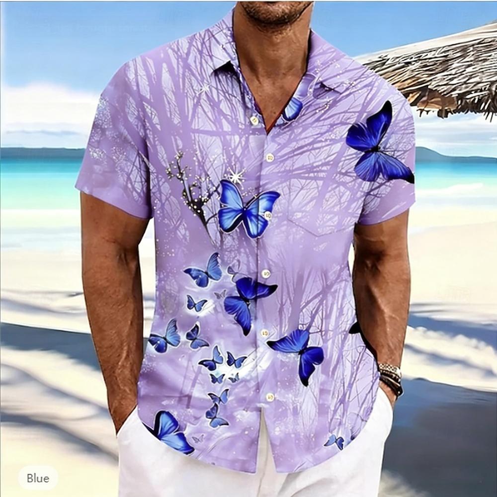 2026Men's spring new short-sleeved shirt natural butterfly high-definition 3D printed shirt Hawaiian outdoor party clothes men's