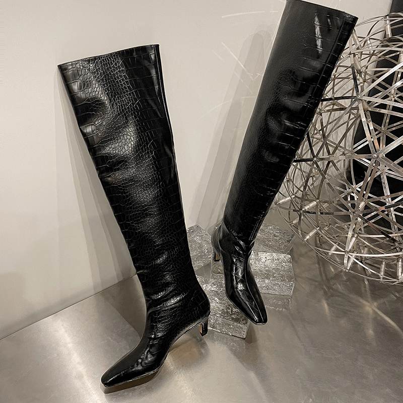 Krazing Pot Осенне-зимняя обувь из искусственной кожи, туфли без шнуровки на среднем каблуке с квадратным носком, женские сапоги до бедра со плиссированной отделкой и украшением