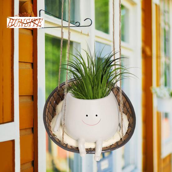 Подвесной цветочный горшок с милой улыбкой на лице, цветочный горшок из смолы для декора сада