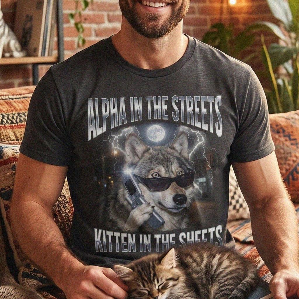Y2K Wolf Shirt, Alpha Kitten Meme Graphic Tee, 90s Retro Ironic T-Shirt