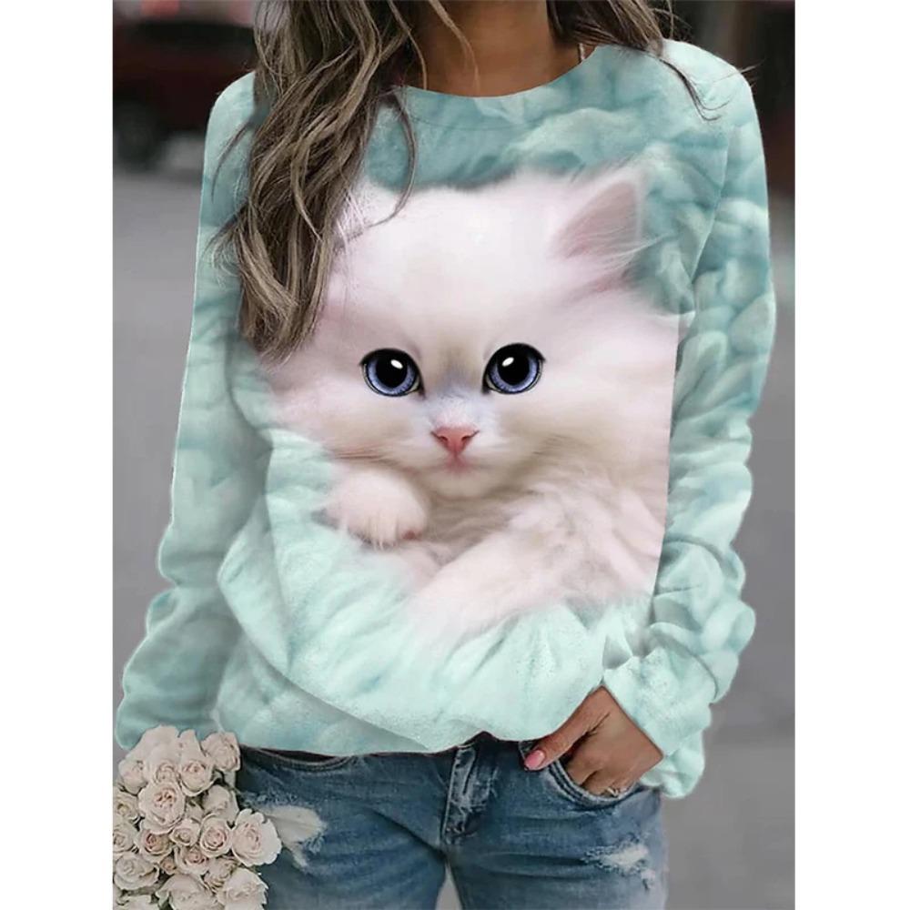 New Cute Cat 3D Printed Women's Fashionable Round Neck Long Sleeved T-shirt