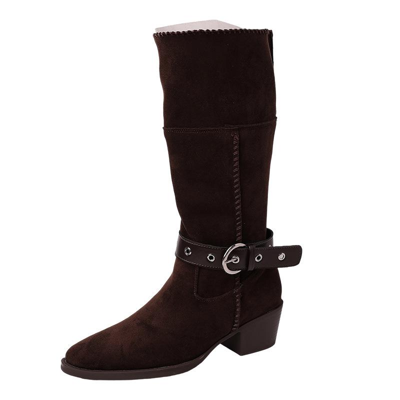 Универсальные модные ботинки-вестерны на толстом каблуке, женские осенне-зимние, с чувством дизайна, ретро, с широким голенищем, средней высоты, остроносые, тонкие, модные ботинки