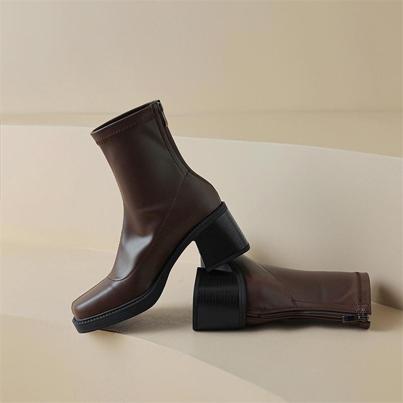 FOREADA Women Ankle Boots Square Toe Platform Block High Heels Zipper Short Boot Lady Fashion Shoes Autumn Winter Brown Black 43