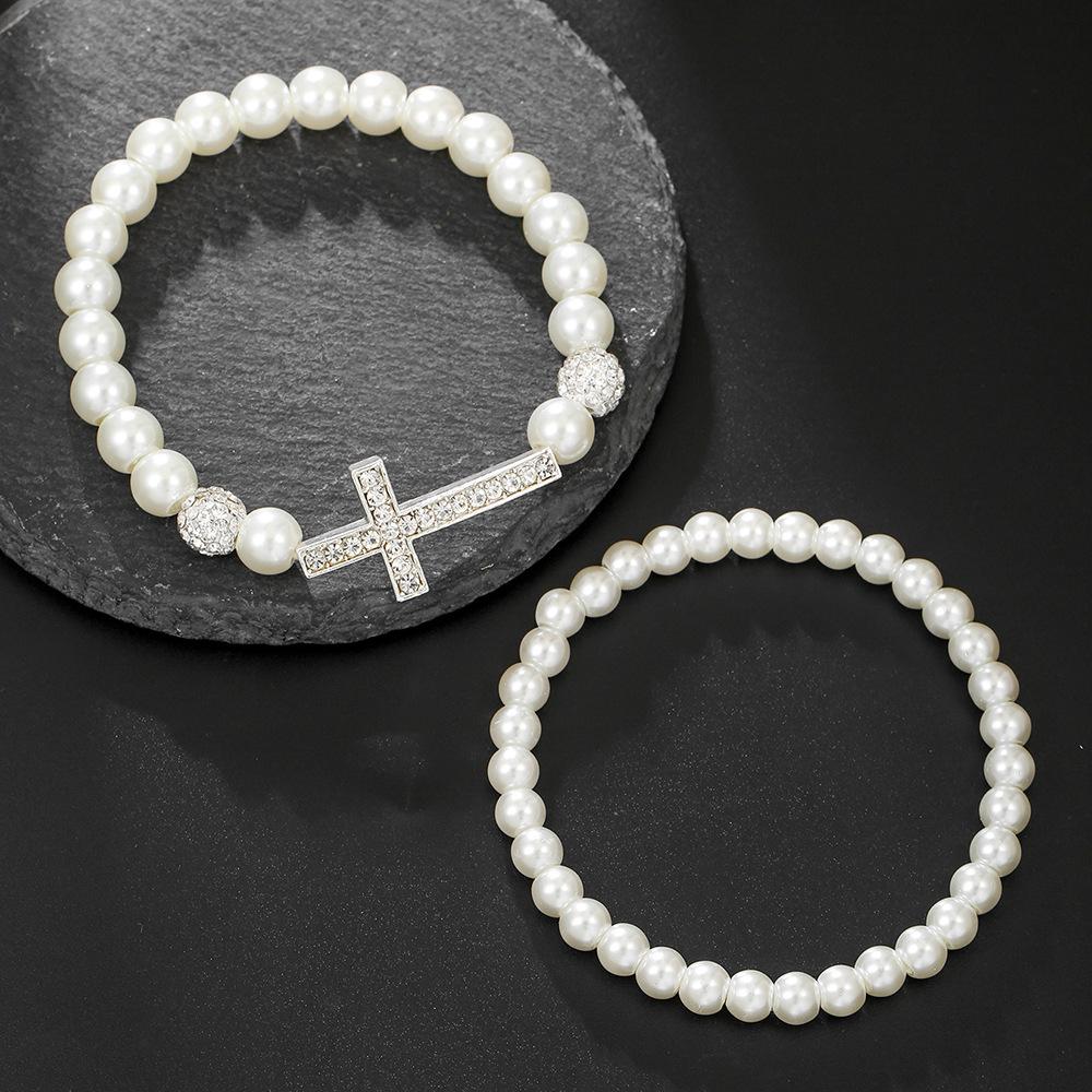Hot-selling imitation pearl diamond cross diamond ball bracelet combination cold wind advanced sense personalized wedding bracelet