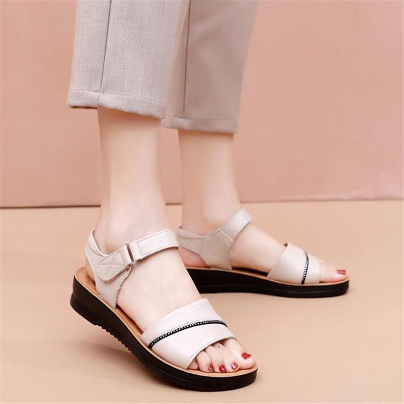 Women Ladies Mother Genuine Leather Shoes Sandals Flats Female Summer Soft Soled Casual Beach Shoes Size 35-41