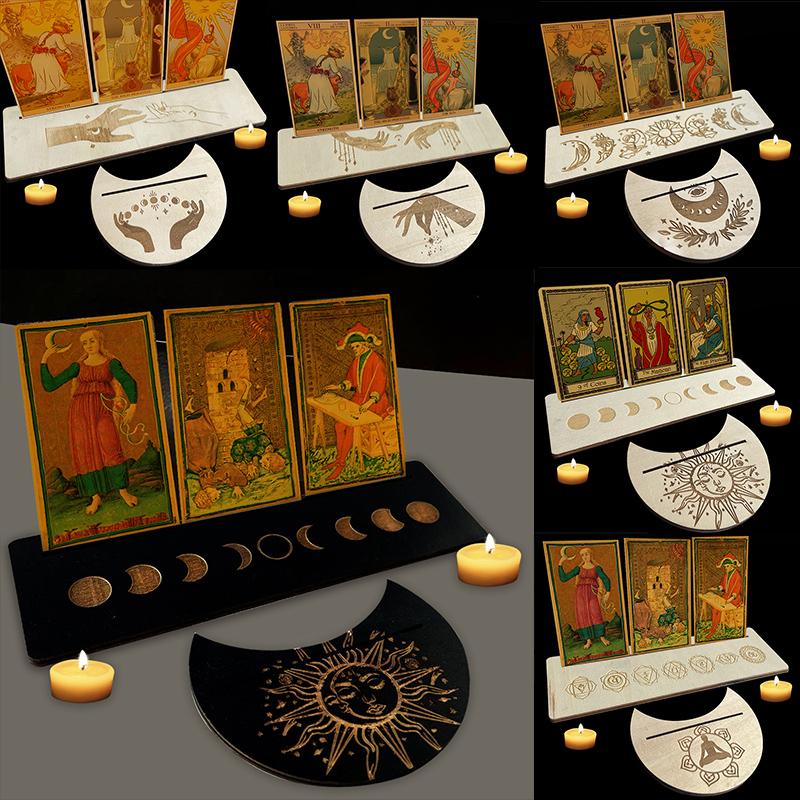 Decor A Set Altar Stand Wood Display Moon Shape Rectangle Card Wooden Stand for Tarot