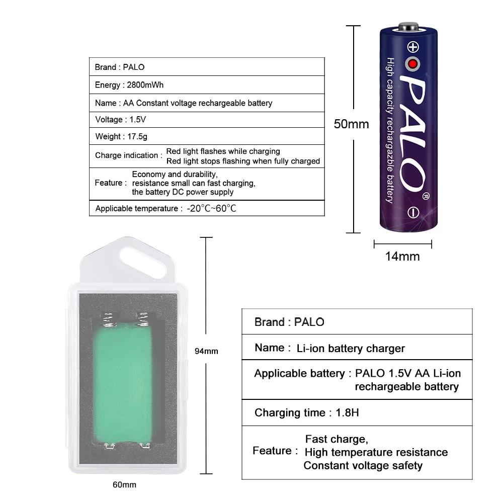PALO AA Li-ion Rechargeable Battery HR6 2800mWh 1.5V AA Lithium Ion Batteries 2AAA Battery For MP4 Mouse