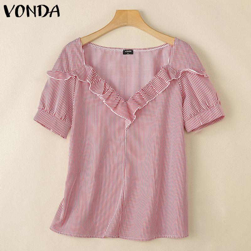 VONDA Женские летние повседневные футболки с оборками и V-образным вырезом с коротким рукавом в полоску