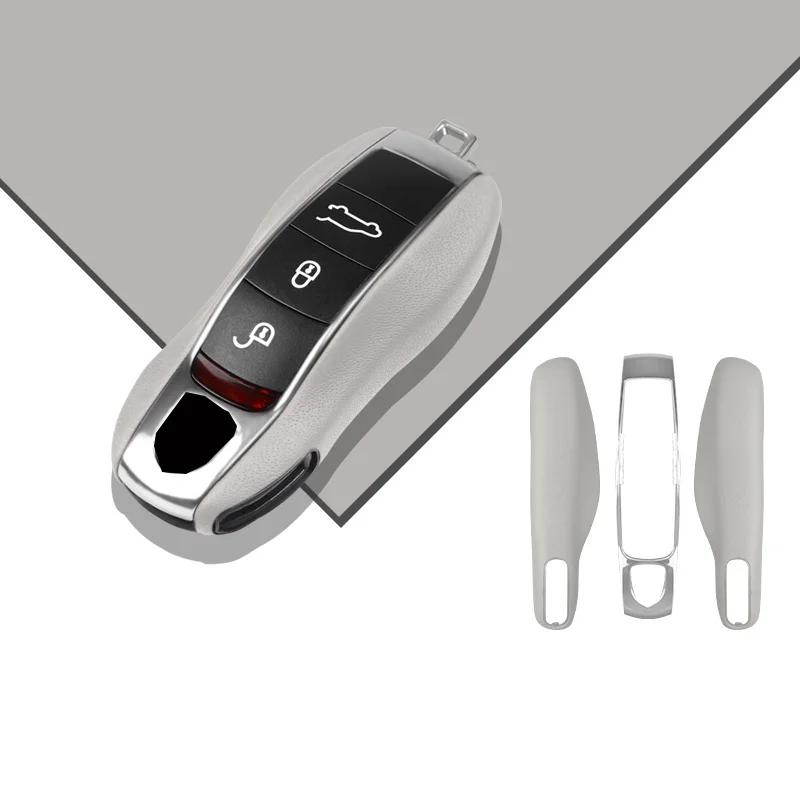 AABKV1 Luxury Genuine Leather for Porsche Boxster Cayman Panamera Cayenne Macan 718/911 Taycan Car Key Case Cover Protective Keychain