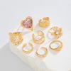 8Pcs/Set Vintage Pink Resin Peach Heart Rings for Women Men Fashion Metal Pleated Pearl Flower Rings Set Bohemia Jewelry Gifts