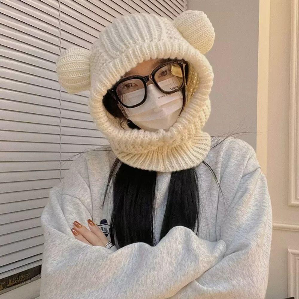 Knitted Integrated Cap Scarf Little Bear Ear Beanie Hat Scarf Skiing Bicycle Cycling
