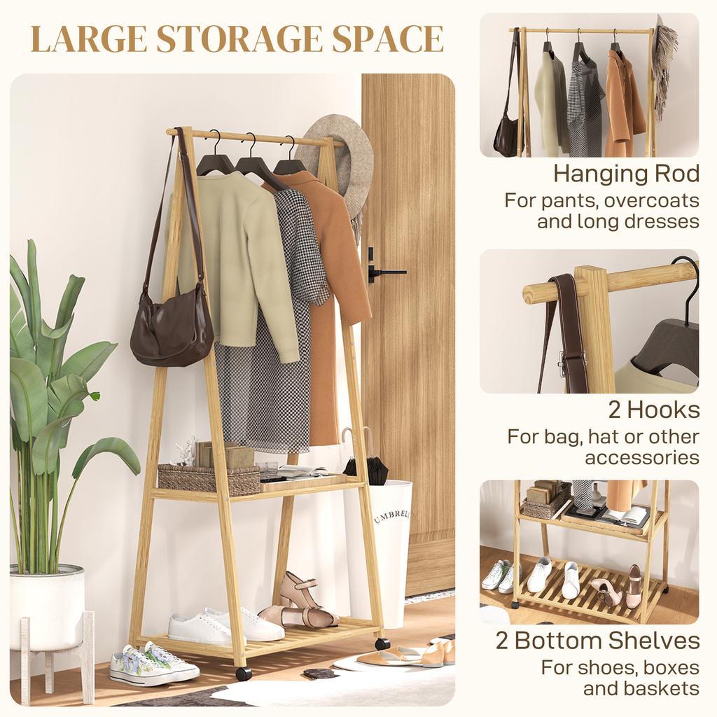 Bamboo Clothes Rack, with Shelves and Hooks - Natural Finish