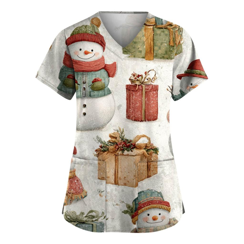 Women's Fashion V-Neck Short-Sleeved Workwear With Pockets Christmas Print Top Caregiver Uniform