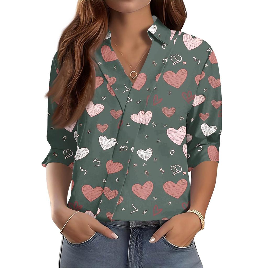 Женская рубашка с рукавом 3/4, V-образным вырезом, с принтом, рабочая одежда, повседневная, стандартного кроя, с воротником