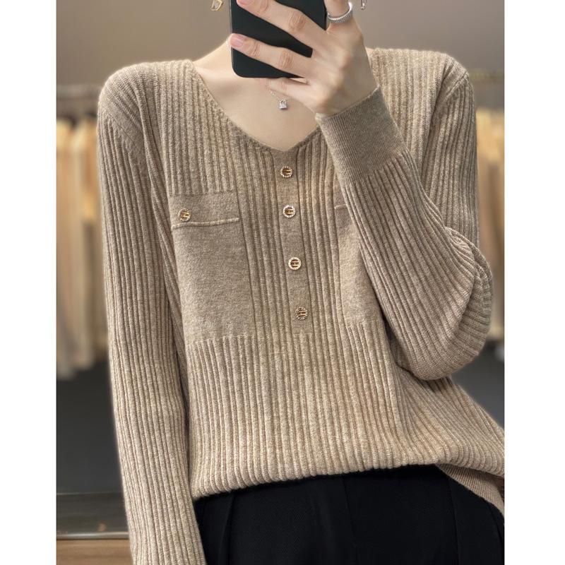 DAFIFY Women's Fashion Casual Fall Winter Solid Color Print Long Sleeve V-Neck Sweaters