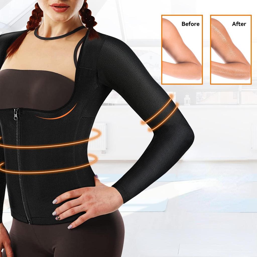 Костюм для сауны для женщин, толстовка с длинными рукавами и компрессионной молнией, рубашка для сауны, жилет для фитнеса, формирователь тела, тренировочные топы, корректирующее белье, толстовка