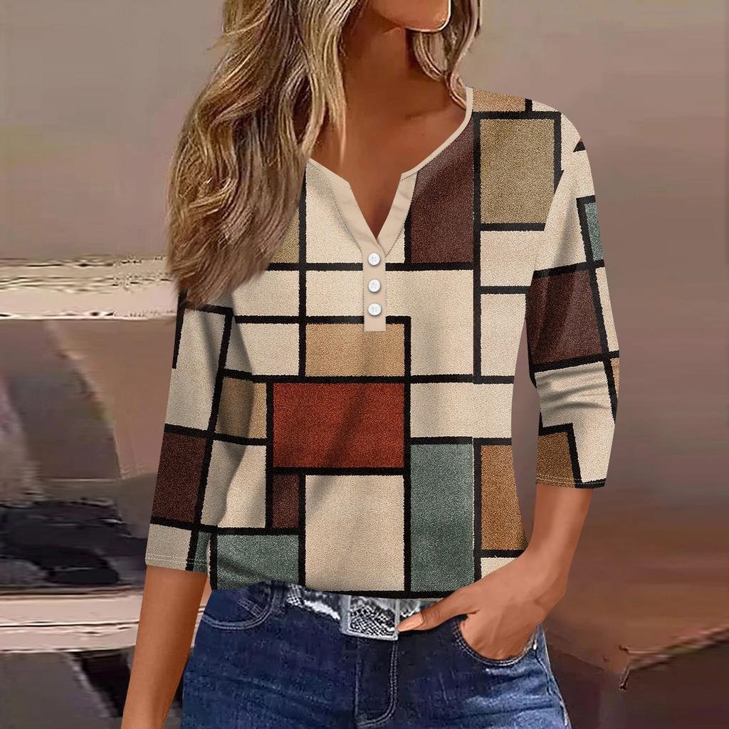 3/4 Length Sleeve Womens Tops Floral Print Vintage Fashion Casual Loose With V Neck Plus Size Shirts