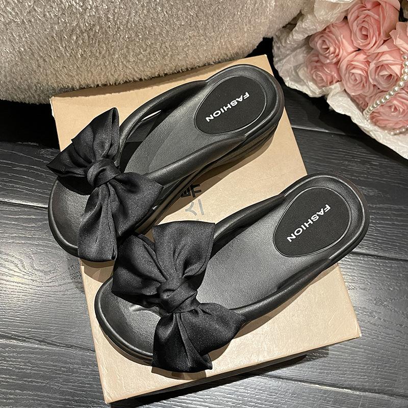 Модные розовые шлепанцы на танкетке с большим бантом для женщин, лето 2024, тапочки на платформе, толстая подошва, нескользящие пляжные шлепанцы, сандалии De Mujer
