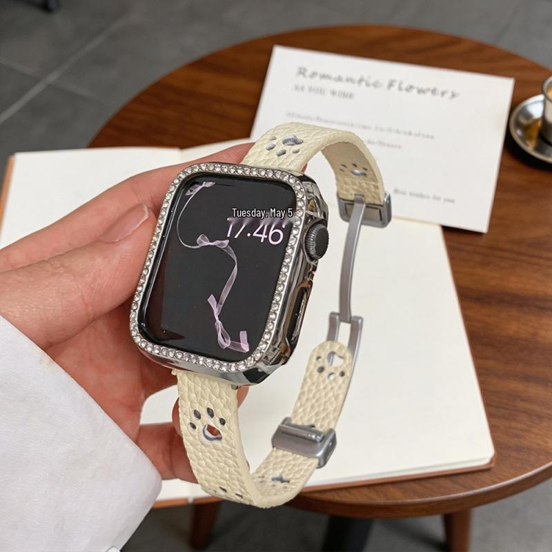 Совместимый кожаный магнитный ремешок для Apple Watch Series 11/SE и Huawei GT6/Xiaomi с дизайном в виде кошачьих лапок.