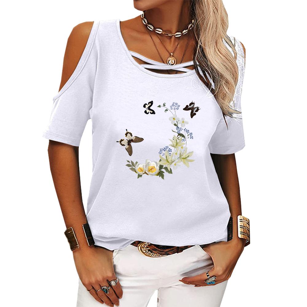 Women Fashion Round Neck Short Sleeve Top Ladies Summer Casual Off Shoulder Floral Printed T-shirt