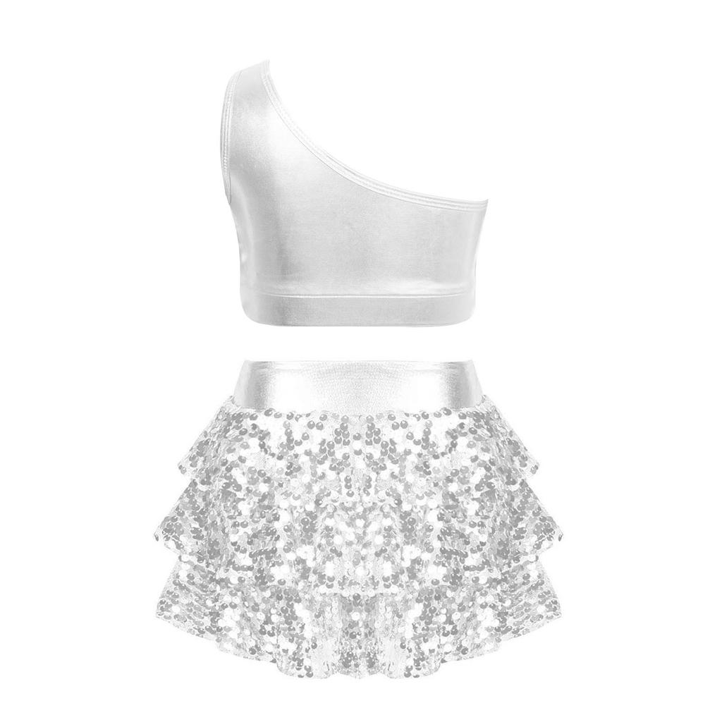 Girls Metallic Crop Top One Shoulder Vest Ruffles Sequins Sleeveless Tiered Skirted Shorts Culottes