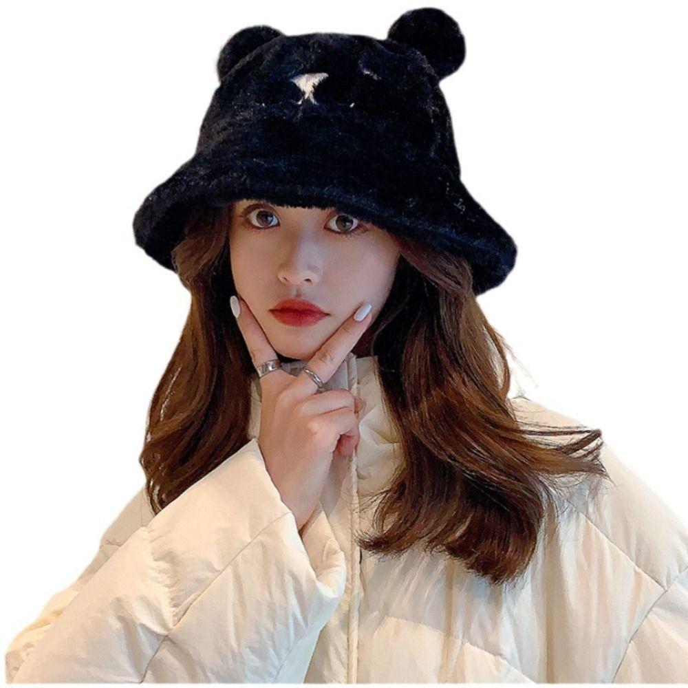 Fashion Cute Bear Ears Fur Bucket Hat Warm Soft Women's Fisherman Hat Thick Basin Hat Clothing Accessories